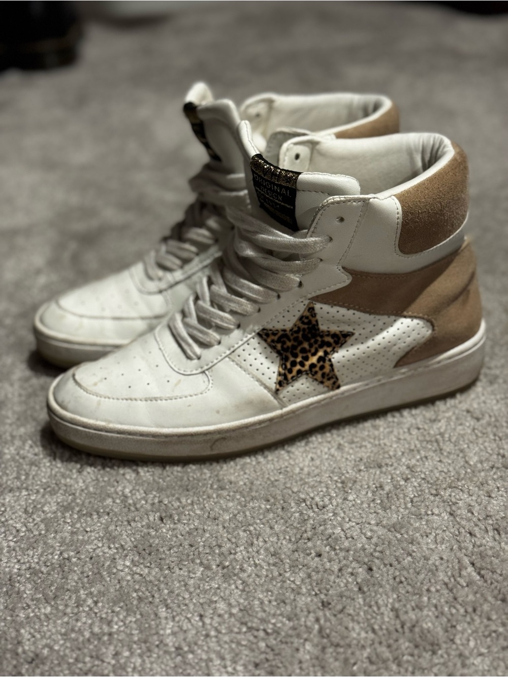 Vintage Havana White & Tan High-Top Sneakers with Leopard Star